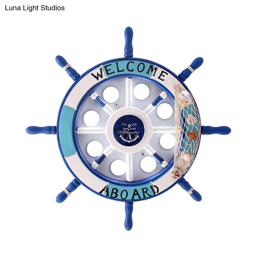 DecorBites™ 8-Head Kids Bedroom Flush Light: Blue/White/Yellow LED Ceiling Lamp with Rudder Wood Shade, White/3 Color Light