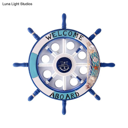 DecorBites™ 8-Head Kids Bedroom Flush Light: Blue/White/Yellow LED Ceiling Lamp with Rudder Wood Shade, White/3 Color Light