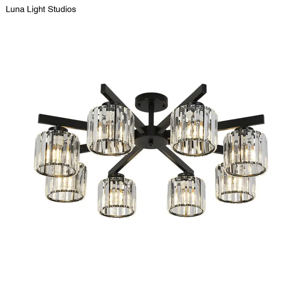 8 Head Living Room Semi Flush Mount Black Ceiling Light with Crystal Cylinder Shade