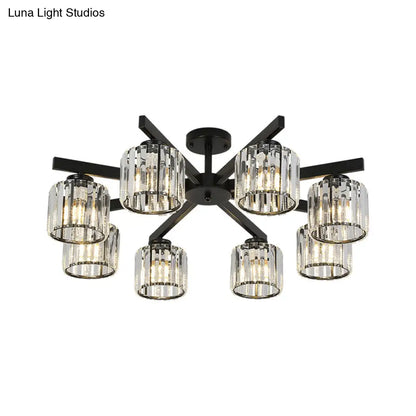 8 Head Living Room Semi Flush Mount Black Ceiling Light with Crystal Cylinder Shade