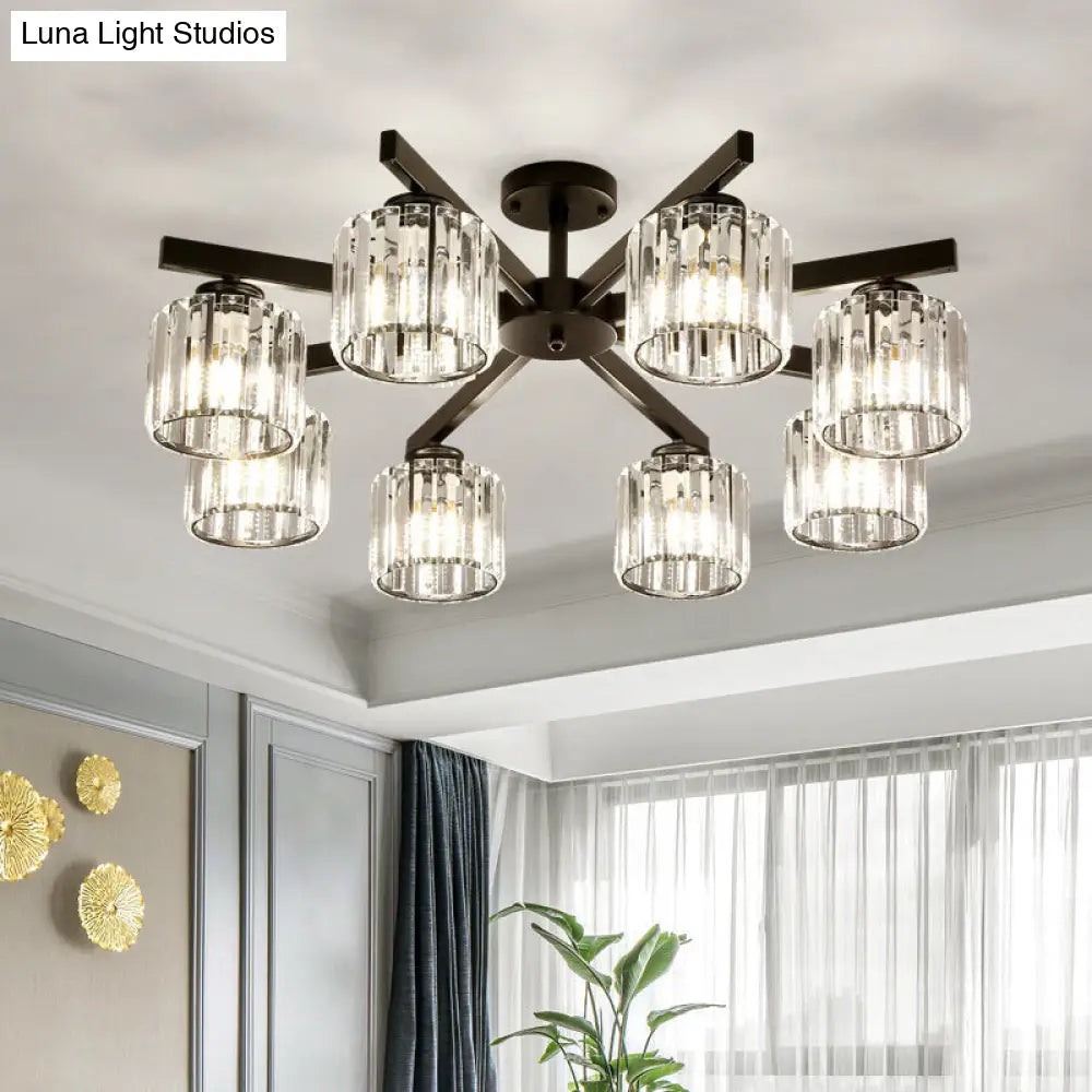 DecorBites™ DecorBites™ 8 Head Living Room Semi Flush Mount Black Ceiling Light with Crystal Cylinder Shade