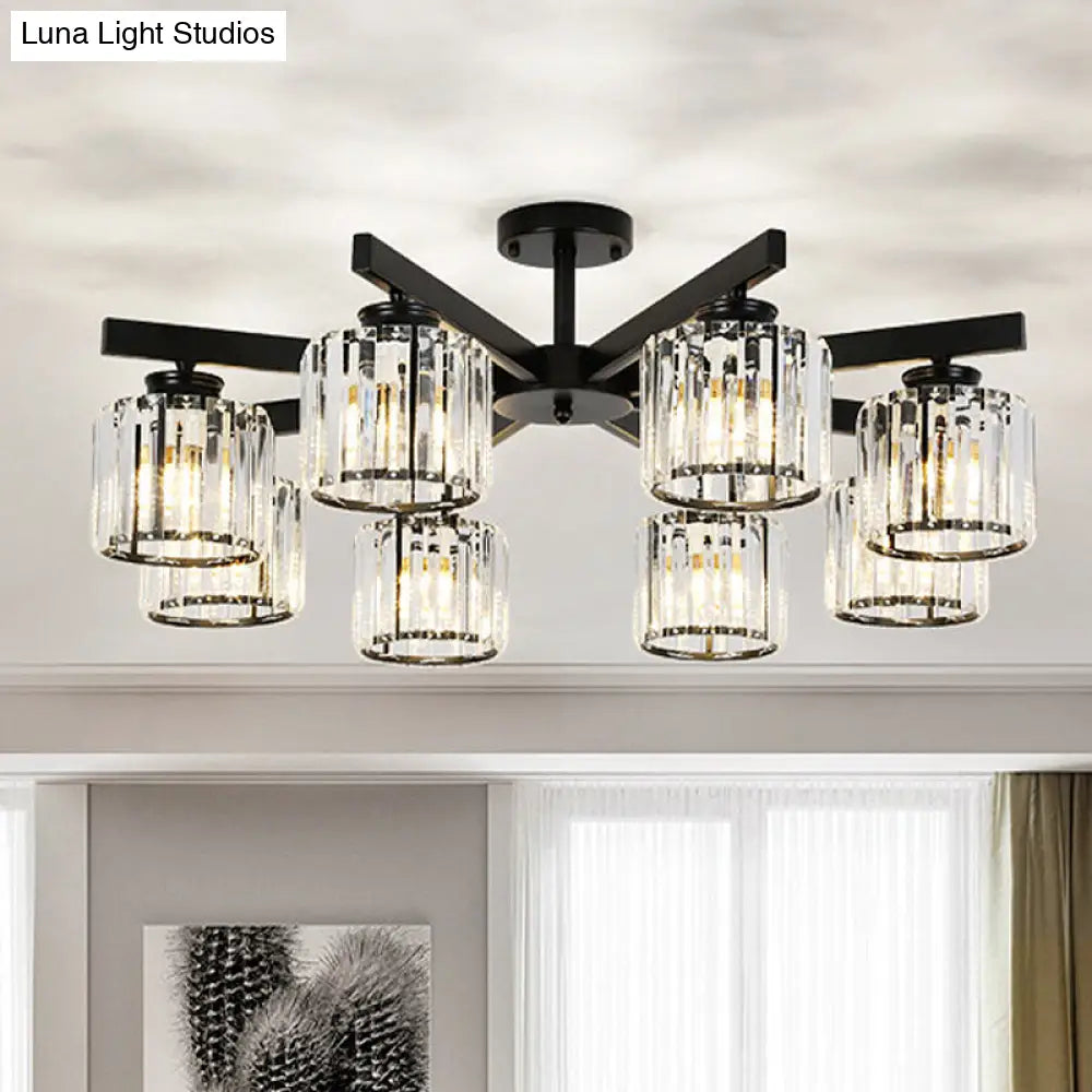 DecorBites™ DecorBites™ 8 Head Living Room Semi Flush Mount Black Ceiling Light with Crystal Cylinder Shade