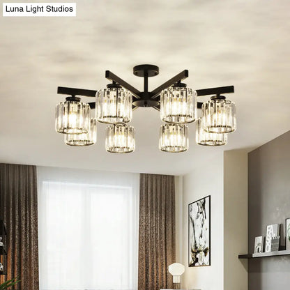 8 Head Living Room Semi Flush Mount Black Ceiling Light with Crystal Cylinder Shade