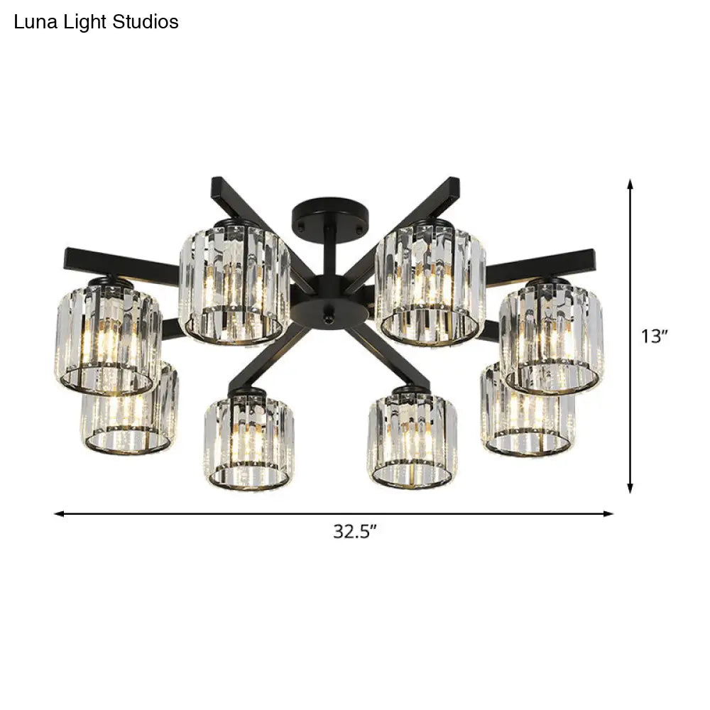 DecorBites™ DecorBites™ 8 Head Living Room Semi Flush Mount Black Ceiling Light with Crystal Cylinder Shade