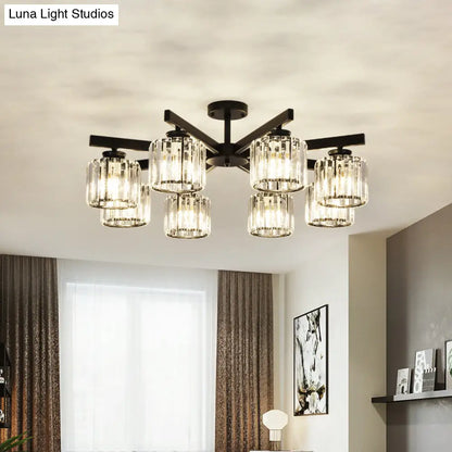 DecorBites™ DecorBites™ 8 Head Living Room Semi Flush Mount Black Ceiling Light with Crystal Cylinder Shade