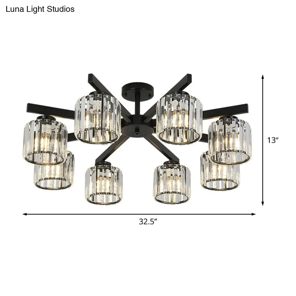 DecorBites™ DecorBites™ 8 Head Living Room Semi Flush Mount Black Ceiling Light with Crystal Cylinder Shade