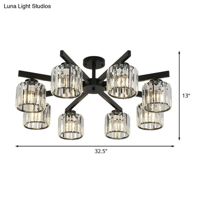 8 Head Living Room Semi Flush Mount Black Ceiling Light with Crystal Cylinder Shade