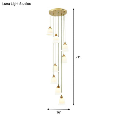 8-Head Pendant Lighting Modern Stair Multi Ceiling Light - Bell/Dome White Glass Shade