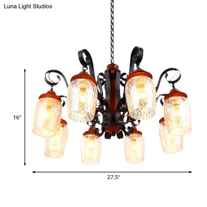 Lámpara de techo colgante de cristal negro envejecido de 8 luces con brazo curvo para salón.