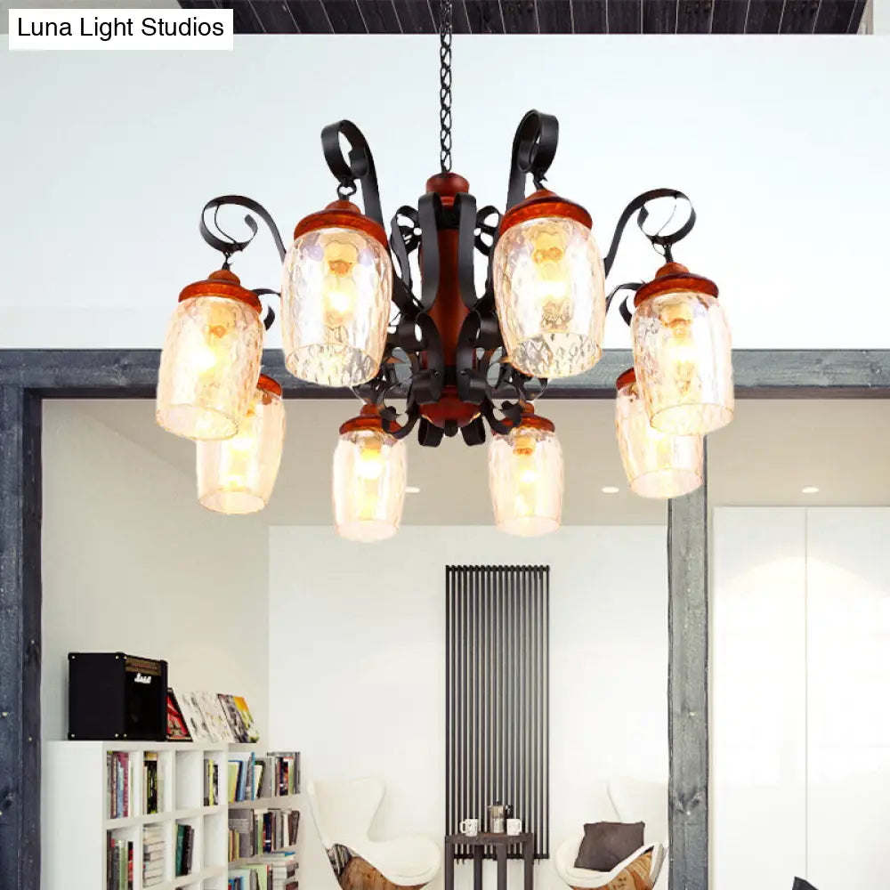 Lámpara de techo colgante de cristal negro envejecido de 8 luces con brazo curvo para salón.