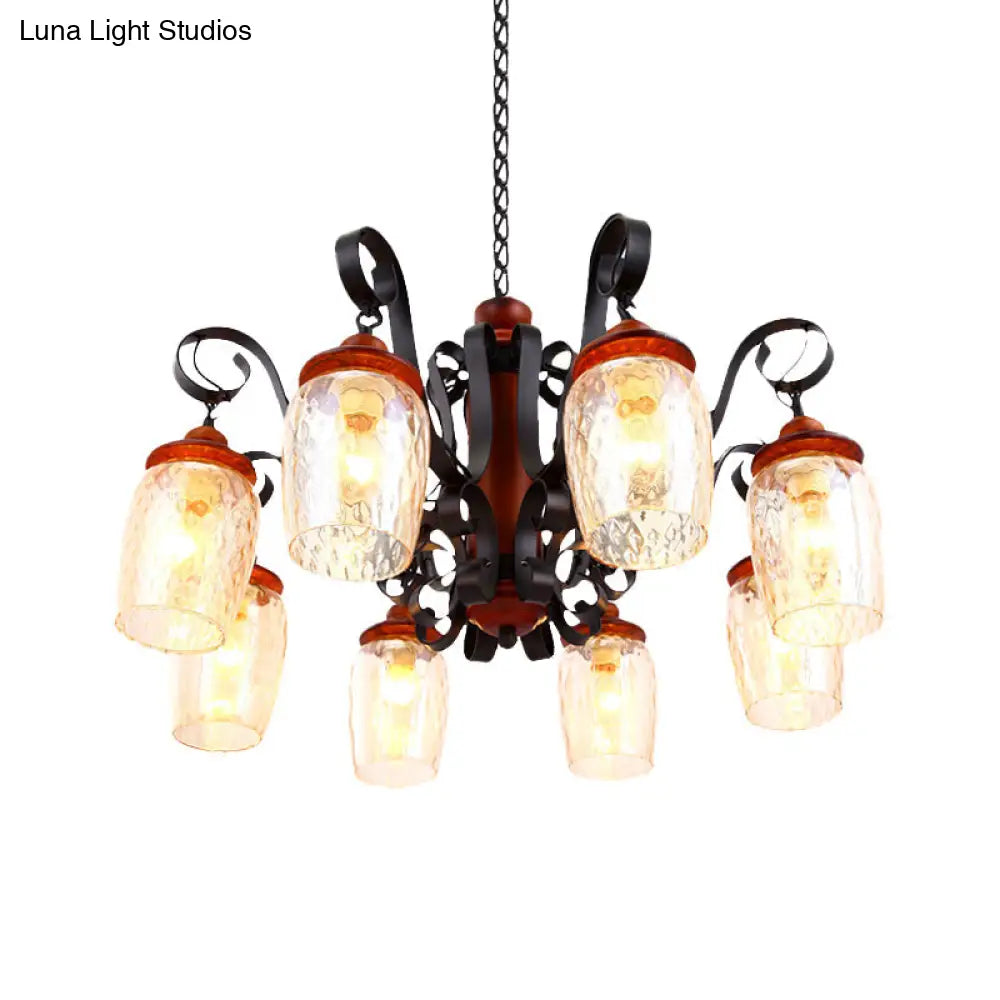 Lámpara de techo colgante de cristal negro envejecido de 8 luces con brazo curvo para salón.