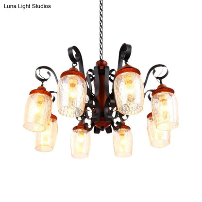 Lámpara de techo colgante de cristal negro envejecido de 8 luces con brazo curvo para salón.