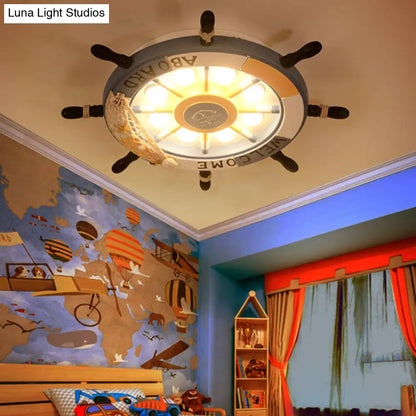 ديكوربايتس™ وحدة إضاءة مدمجة لغرفة النوم من ديكوربايتس™، 8 مصابيح، مع غطاء خشبي - مصباح سقف أزرق/بني كرتوني بإضاءة دافئة/بيضاء