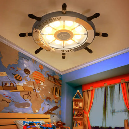 ديكوربايتس™ وحدة إضاءة مدمجة لغرفة النوم من ديكوربايتس™، 8 مصابيح، مع غطاء خشبي - مصباح سقف أزرق/بني كرتوني بإضاءة دافئة/بيضاء