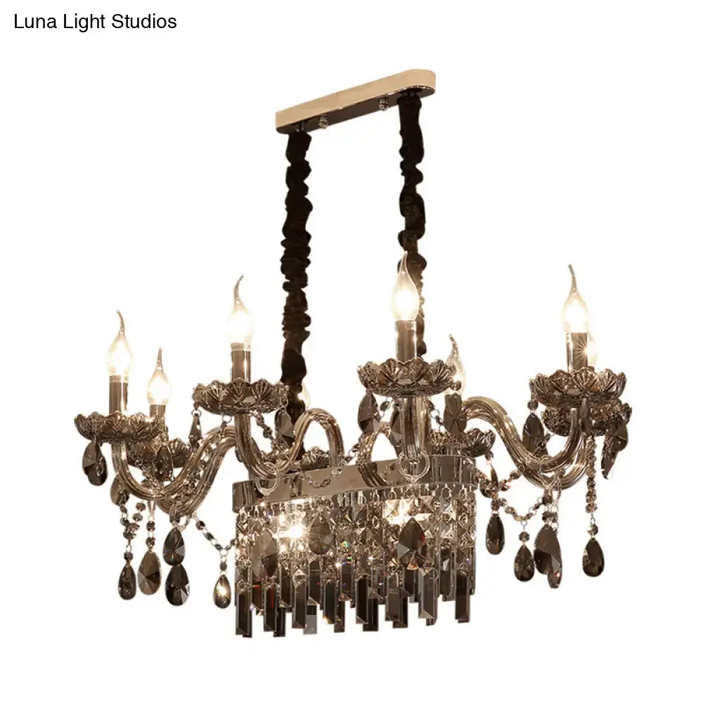 Decorbites™ 8-light island pendant with elegant bronze finish smoke gray crystal droplets and ornate floral arms
