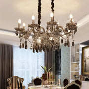 DecorBites™ 8-light island pendant with smoke gray crystal droplets and metallic multi-armed candelabra design