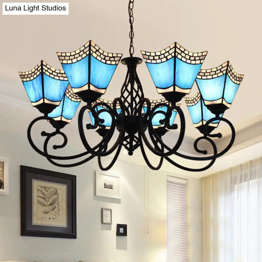 Lámpara colgante trapezoidal náutica de 8 luces con pantalla de cristal azul para sala de estar