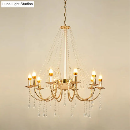 Lámpara de araña colgante retro de 8 luces con cadena de cristal y brazo curvo dorado