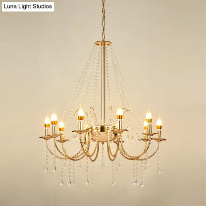 Lámpara de araña colgante retro de 8 luces con cadena de cristal y brazo curvo dorado