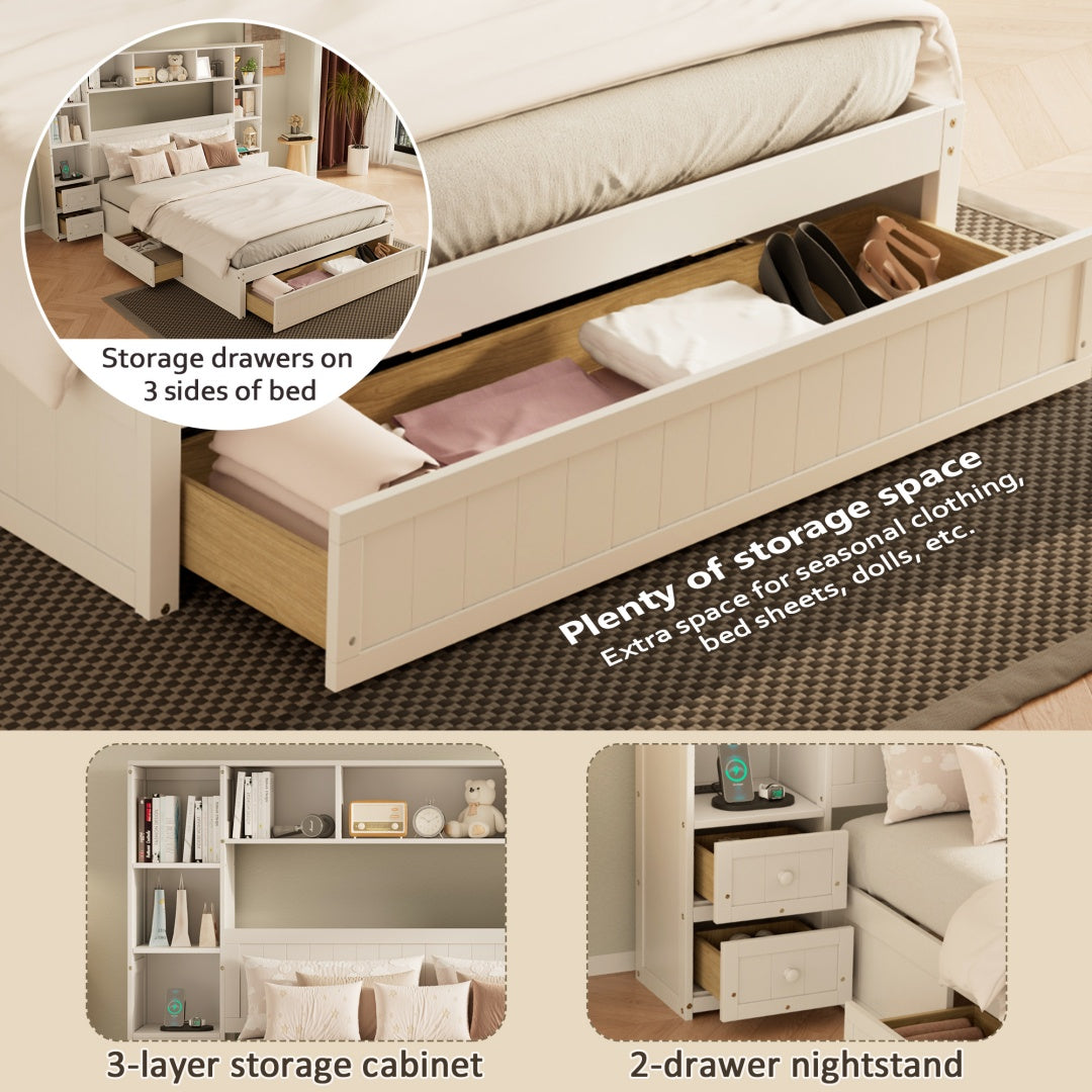 Königliche Größe Kiefernholz-Platform-Bett mit All-in-One 2 Nachttischen, Stauraum-Regal und Schrank-Bücherregal mit 2 Ladeeinrichtungen, Multifunktionales Kapitäns-Bettgestell mit 3 Schubladen, Kein Boxspring-Fundament erforderlich