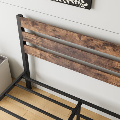 Marco de Cama Plataforma de Tamaño Completo con Cabecero de Madera Rústica Vintage, Soporte de Láminas de Metal Resistente para la Base del Colchón, No se Requiere Resorte de Caja en Marrón Rústico