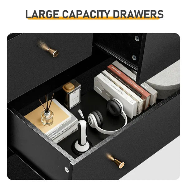 Black Matte Finish Particleboard With Melamine Veneer, 66*40*111cm, 4+2 Drawer Cabinet, Matte Gold Handles