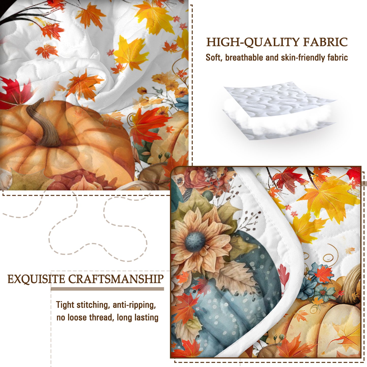 Autumn Theme 3 Pcs Quilt Set - Pumpkin Print Bedspread Coverlet