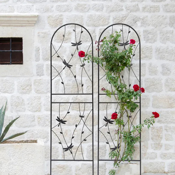 Pack de 2 Enrejados de Jardín Metálicos 71" x 19.7" Enrejado Resistente al Óxido para Plantas Trepadoras Soporte para Flores Exteriores Decoración de Libélula Negro