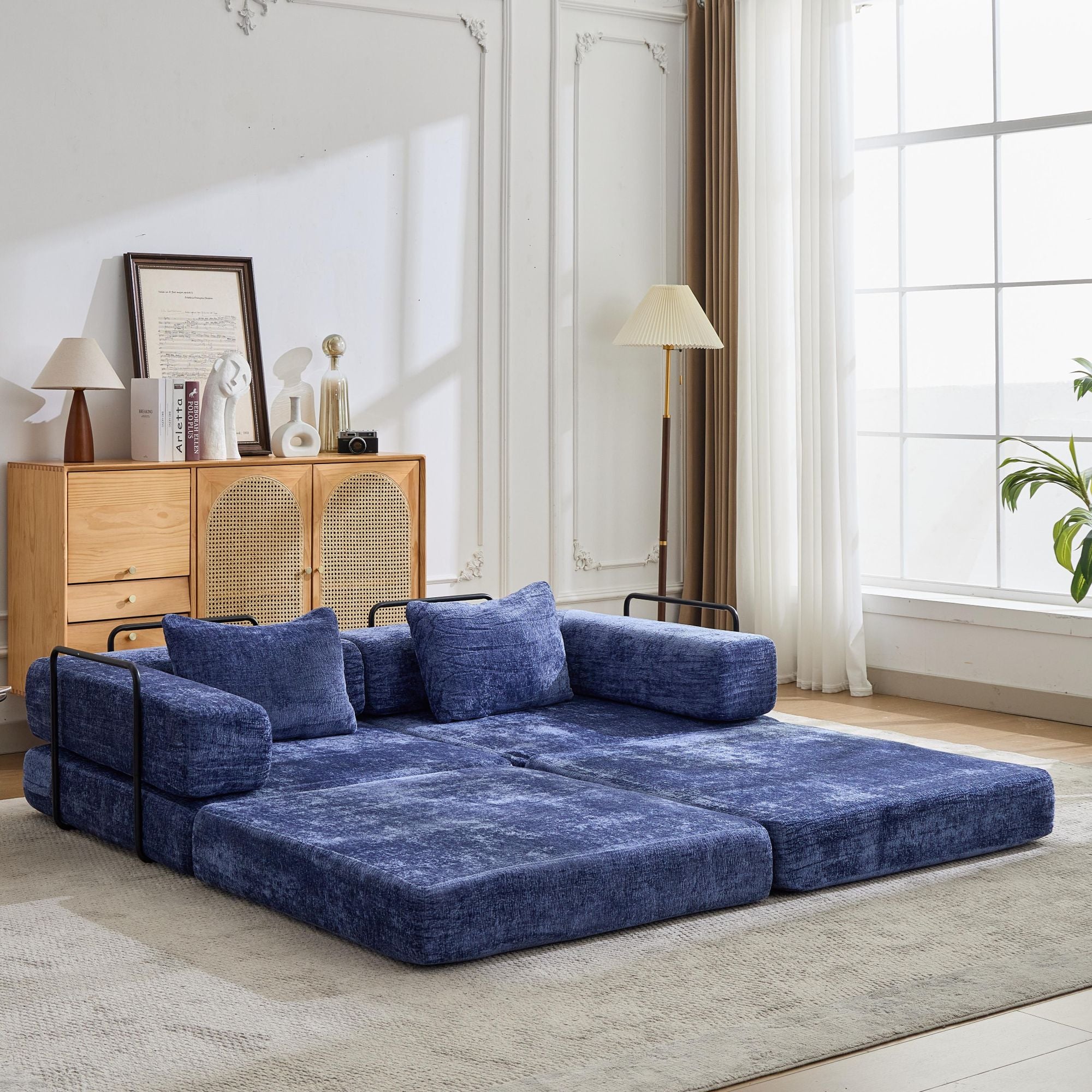 Sofá de Compresión, Sofá Cama Convertible para el Suelo con Marco de Forma Fija, Sofá Seccional Modular sin Huesos para Dos Personas, Sin Ensamblaje Requerido, Tela de Chenille, para Sala de Estar y Dormitorio, Azul Oscuro