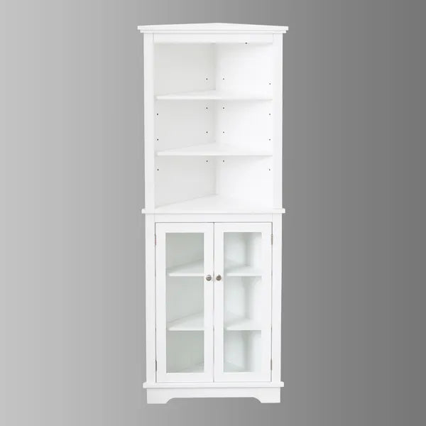 FRALIMK Mattweiß Hoher Eckschrank für die Ecke, Bodenspeicher Schmale Organisatoren mit Doppeltür aus Glas und einstellbaren Regalen