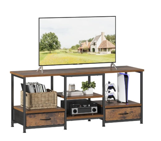 Soporte de TV con 2 Cajones de Tela, Toma Integrada - Perfecto para la Sala de Estar y el Dormitorio