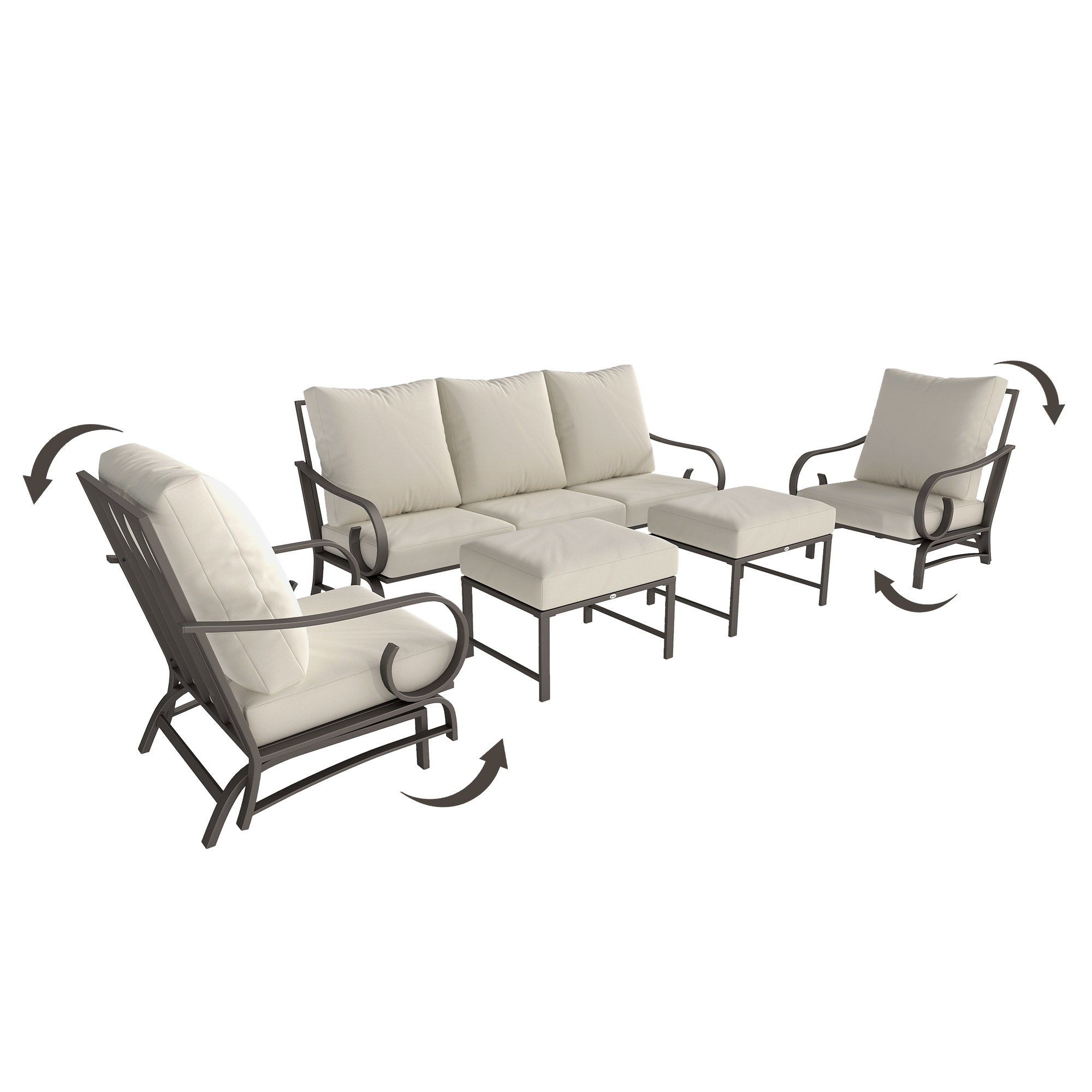 Conjunto de 5 Piezas de Muebles para Patio Trasero, Conjunto de Muebles de Exterior con 2 Sillas Mecedoras, Sofá de 3 Plazas y 2 Otomanos, Beige