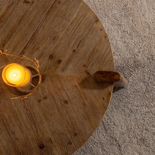 Wood Round Coffee Table For Living Room, Rustic Natural Coffee Table For Apartment, Easy Assembly