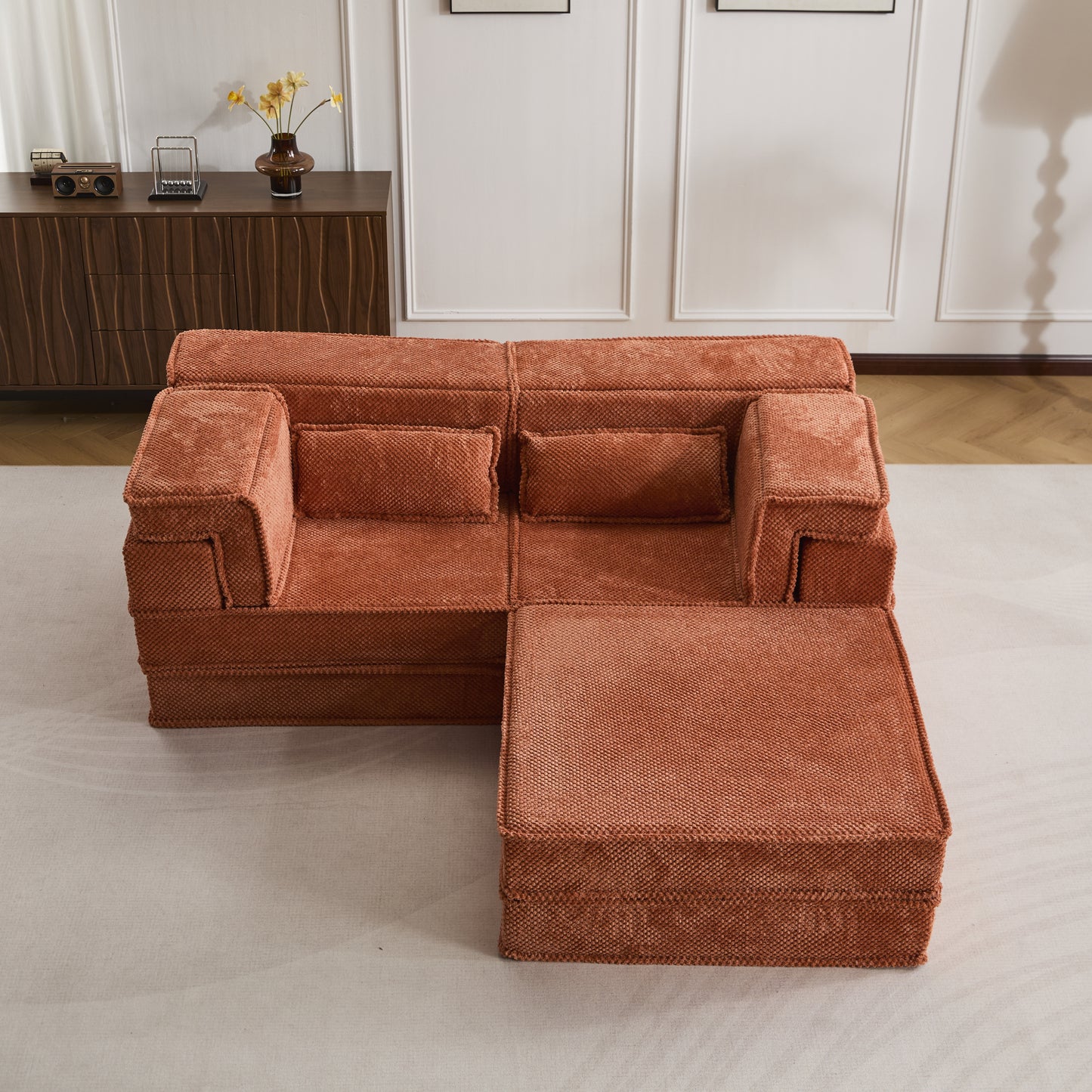 Compression Mahjong Sofa,Convertible Floor Sofa Bed,DIY Boneless Modular Sectional Sofa,No Assembly Required,Circle Fleece Fabric,Oversized 2 Seater With 1 Ottoman,Orange