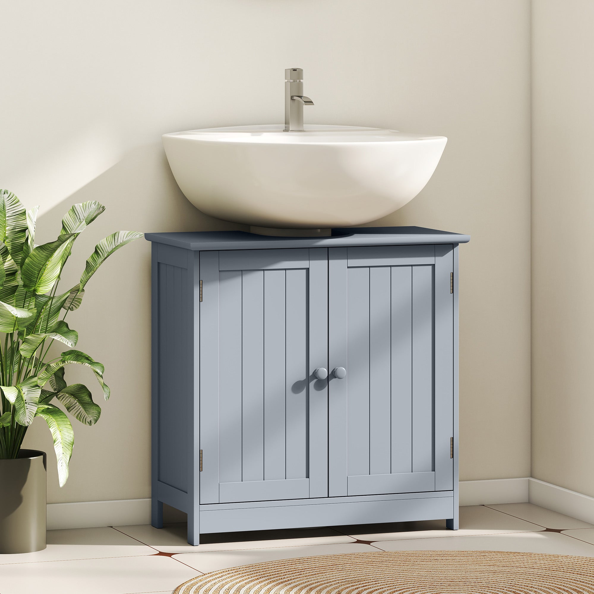 Unterwaschbecken-Badregal, Sockel-Waschbecken-Speicherschrank mit 2 Türen, Regal und U-Form, Grau