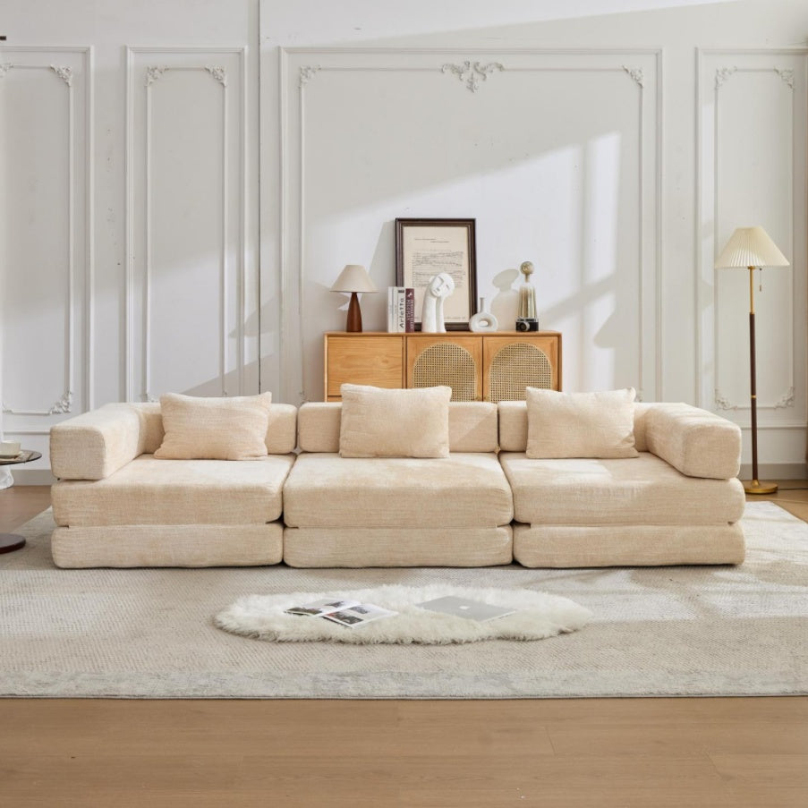 Sofá de Compresión, Sofá Cama Convertible para el Suelo con Marco de Forma Fija, Sofá Seccional Modular sin Huesos, Sin Ensamblaje Requerido, Tela de Chenille, para Sala de Estar y Dormitorio, Beige
