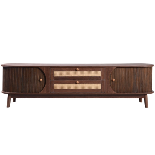 Mueble de TV de Ratán para TVs Hasta 75'', Consola de Medios Moderna Estilo Granja, Centro de Entretenimiento con Patas de Madera Maciza, Gabinete de TV para Sala de Estar, Cine en Casa