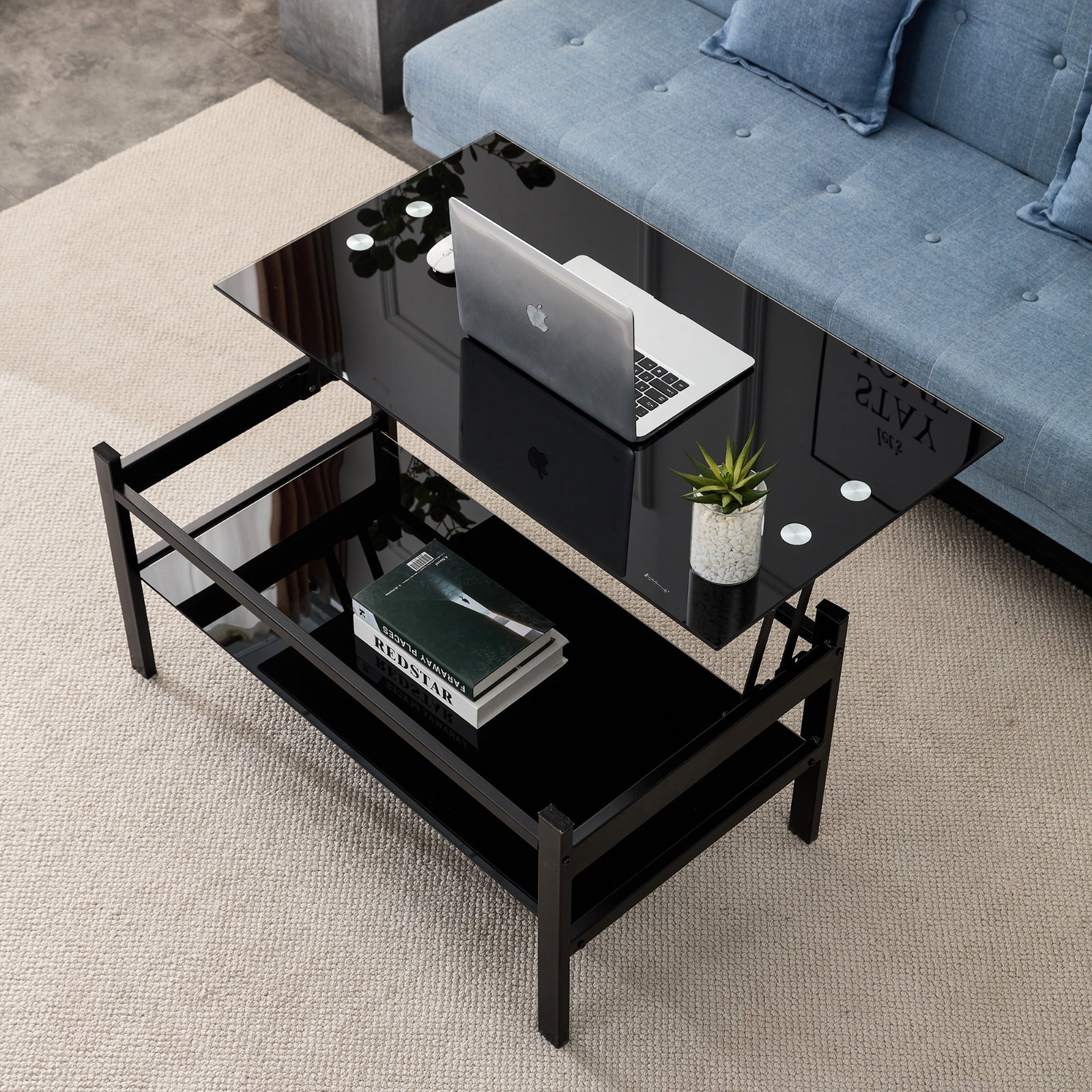 Mesa de Centro con Tapa Elevable de Vidrio, Vidrio Templado de 2 Capas, Moderna Simple, Negra