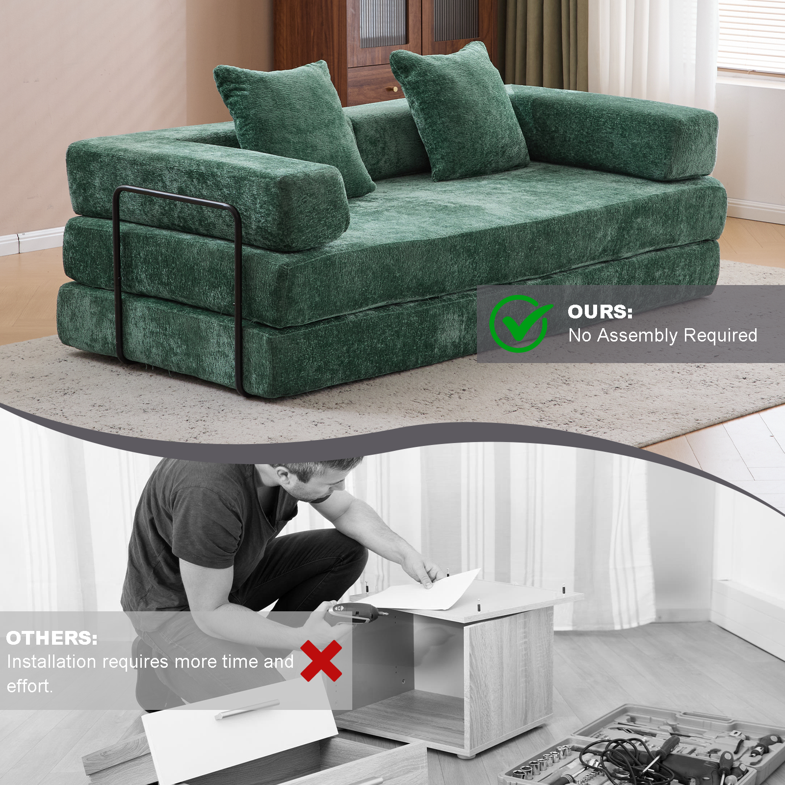 Sofá de Suelo, Sofá con Compresión, Sofá Cama Convertible de Suelo - con Soporte para la Espalda en Forma de Almohada y Reposabrazos, Sofá Futón Cómodo para Descanso y Cama para Dormir, Tela de Chenilla, para Sala de Estar y Dormitorio en Verde Oscuro