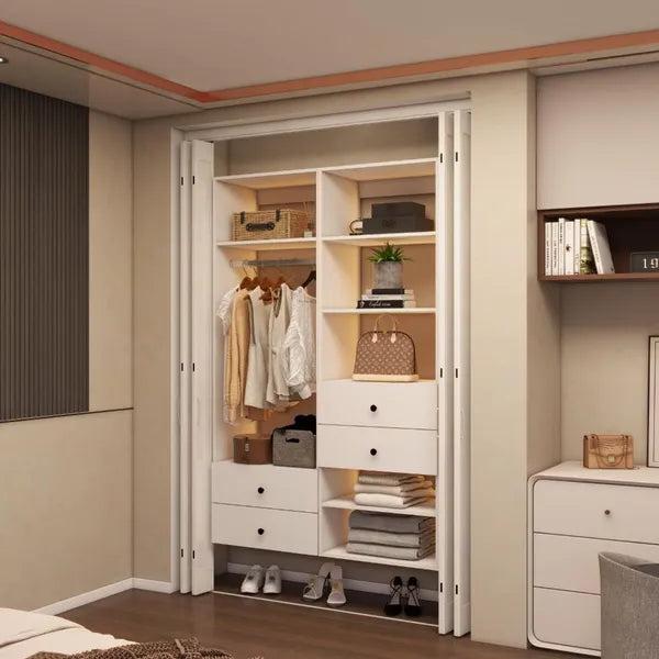 White Modular Closet System With Integrated Drawers