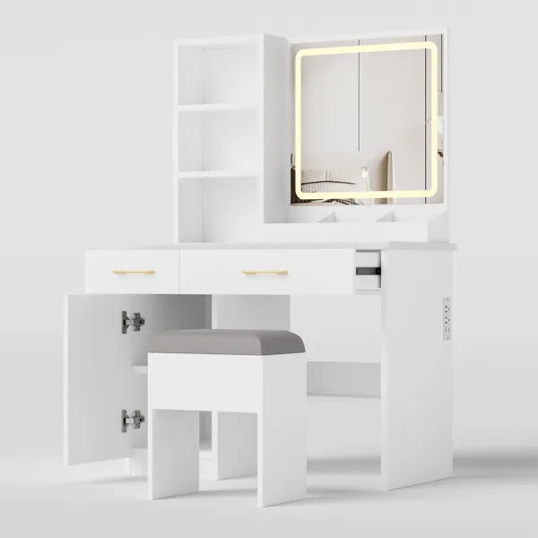 Tocador de Maquillaje con Espejo y Luces, Mesa de Vanidad Blanca con Toma de Corriente y 3 Modos de Iluminación, Juego de Mesa de Vestir con Cajones de Gabinete, Estanterías y Taburete de Almacenamiento para Dormitorio