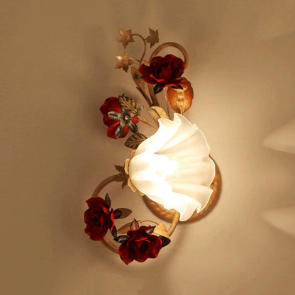 Aplique de pared American Flower, 1 bombilla, luz de floración en rojo marrón, cristal blanco esmerilado - Izquierda/Derecha