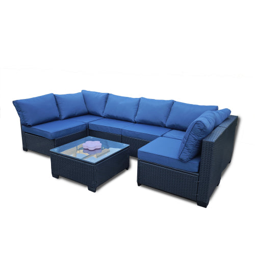 Seven-Piece Sofa Set Table With Sofa Chair Black PE Rattan Outdoor Furniture 7-JH001 Box 3-1-2-3 With Blue Color Cushion