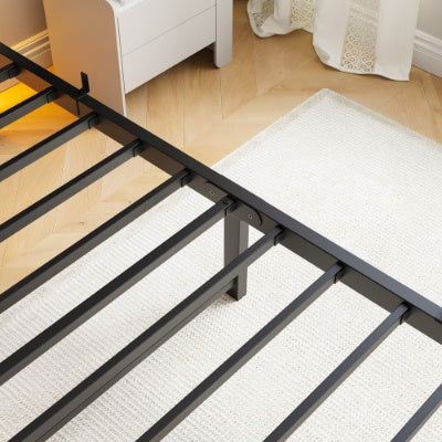 Estructura de Cama Tamaño Individual Marco de Cama Plataforma de Uso Intensivo con Cabecero, Estación de Carga USB, Cama con Luces LED, No Se Requiere Resorte de Caja, Base para Colchón, Listones de Acero Resistentes, Sin Ruido, Marrón