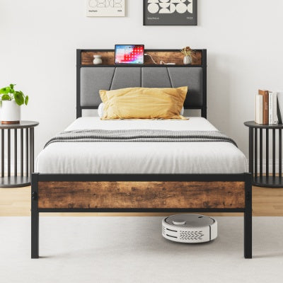 Estructura de Cama de Tamaño Individual, Cabecero con Almacenamiento y Estación de Carga, Sólida y Estable, No se Necesita Resorte de Caja, Ensamblaje Fácil
