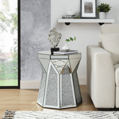 Trommelstil Couchtisch mit Spiegelkristall-Einlage, Polygonal Silber Dekortisch, Modernes Design Luxus Moderne Möbel, 20 Zoll Etwa 50 Zentimeter Niedriger Couchtisch, Geeignet für Wohnzimmer