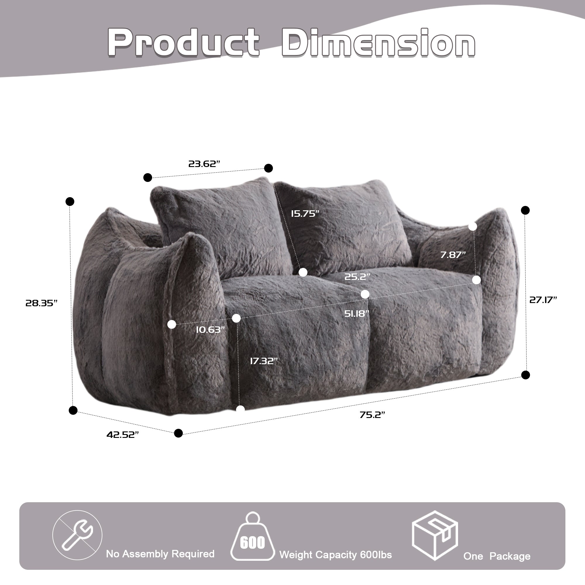 Sofá Gigante de Puf para Adultos, Sofá de Puf Loveseat Ultra Suave y Esponjoso, Silla de Reposo Oversized para Interiores en Sala de Estar o Dormitorio, No Requiere Ensamblaje Silla de Lectura Acogedora con Almohadas, Gris