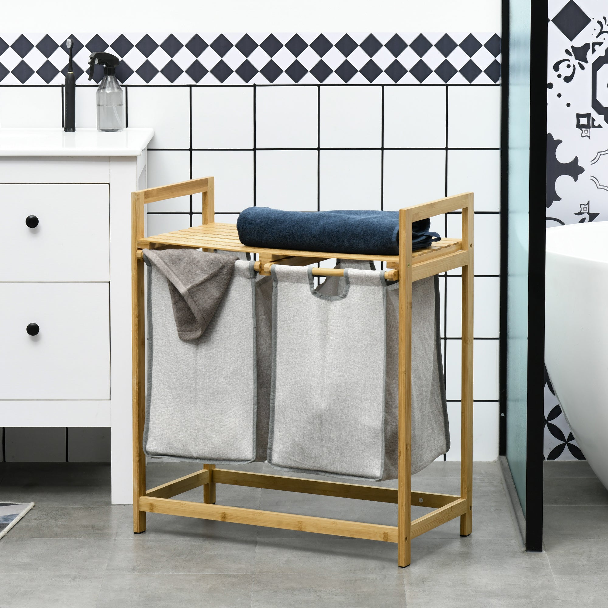 Cesta de Ropa de Bambú, Doble Cesto de Ropa con Estante, 2 Bolsas Extraíbles y Desmontables, Madera Natural y Gris Oscuro