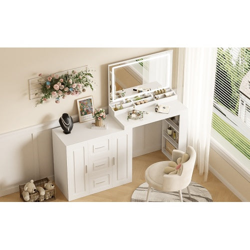 59Makeup Vanity Desk With Mirror, Vanity Mirror With Lights, Dressing Table With 3 Drawers And 2 Cabinets, Vanity Table With Storage Shelves For Bedroom, White
