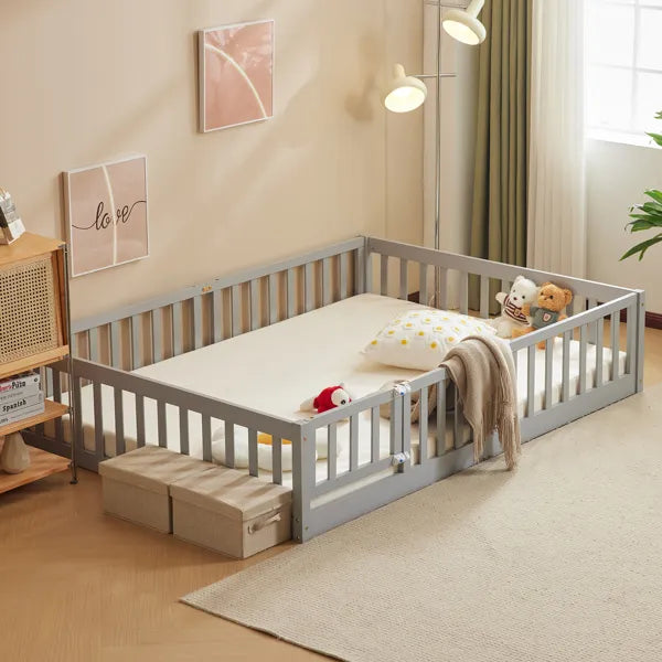 Gray Painted Pine Wood Playpen Bed With Door And Board, Full-size Children's Wooden Bed